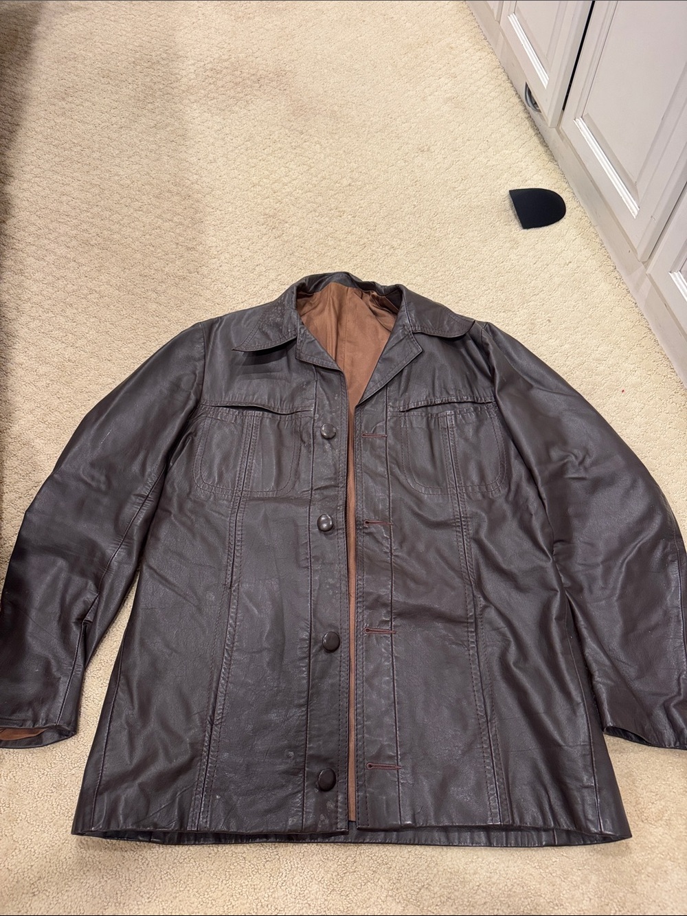 Men's Dark Brown Leather Pea Coat with Button Front